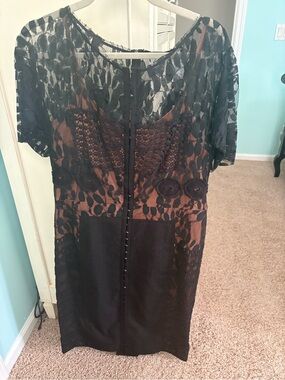 Anthropologie Byron Lars Black Lace Overlay Dress with Tan Lining - no ribbon